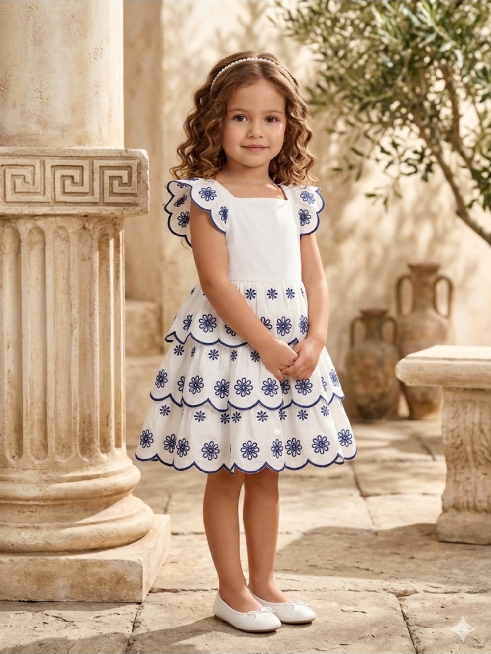 Gorgeous 3T White Tiered Dress, 100% Cotton, Raised Navy Blue Floral Embroidery